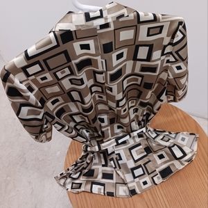 Studio 1940 Women's Button-down Blouse Top With Sash Mod Squares Black Gold